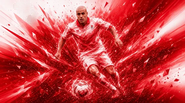 giocatore in maglia biancorossa che scatta sul pallone, esplosione rossa poligonale (02/09)