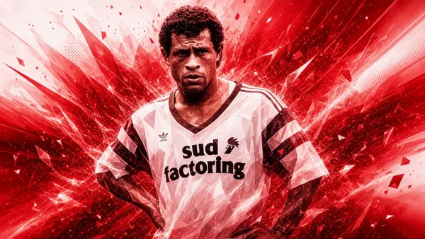 primo piano poligonale in maglia bianca Sud Factoring anni '90, esplosione di schegge rosse (03/09)