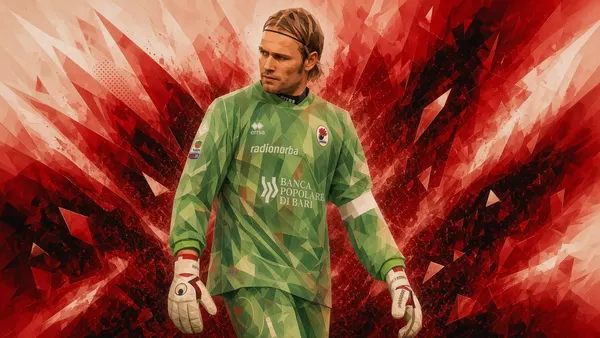 portiere in maglia verde Erreà Radionorba / Banca Popolare di Bari, guanti in mano, geometrie rosse (03/09)